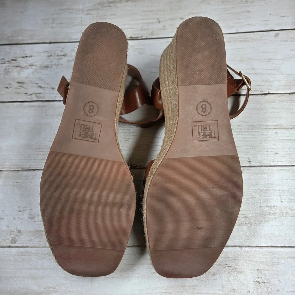 Time and Tru Espadrille Platform Wedge Sandals Women 8 Brown Knotted Ankle Strap
